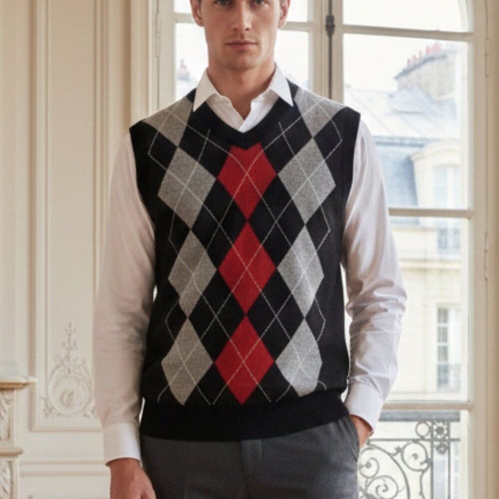 True Rock Mens Argyle Sweater Vest Black Gray Red V Neck Sleeveless Size Large L